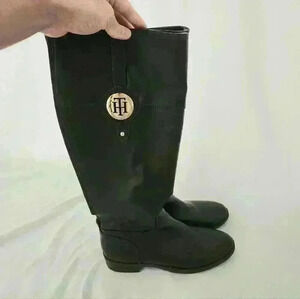 Tommy Hilfiger Brown Gold Leather Flat Heel Boots Hardware Zip Up Riding Sport